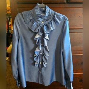 Women's Solid Ruffle Trim, Button Front, Longsleeve Blouse